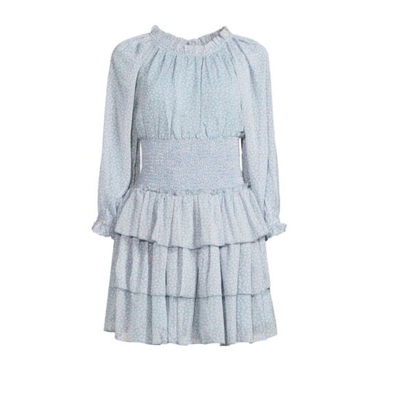 NEW French Connection Sheer Smocked Waist Tiered-Skirt Blue Dress - Picture 11 of 16